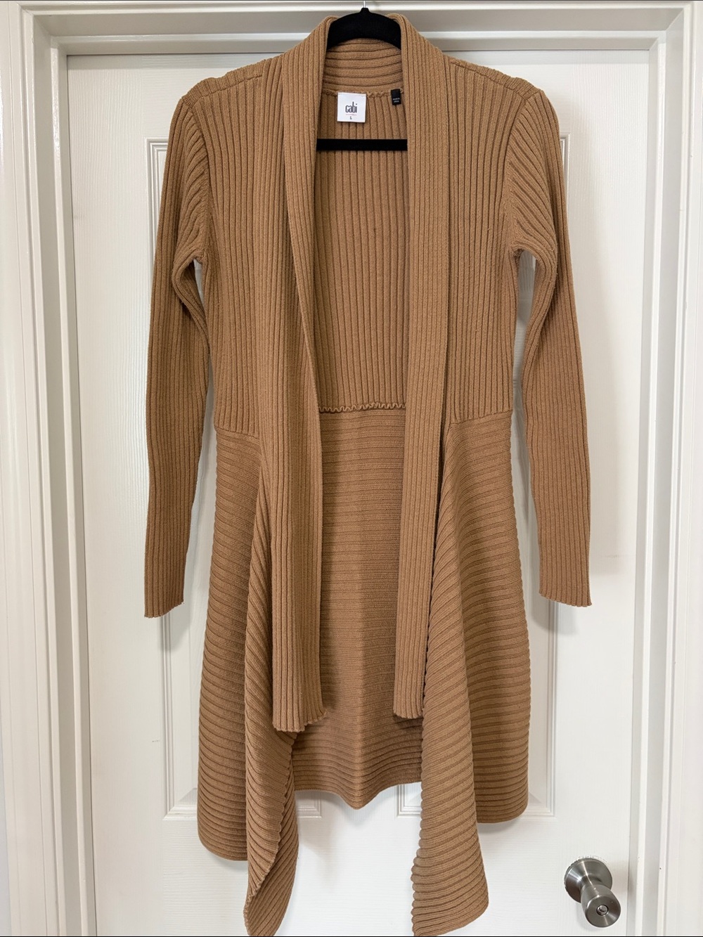 Cabi Long Open-Front Ribbed Cardigan in Camel